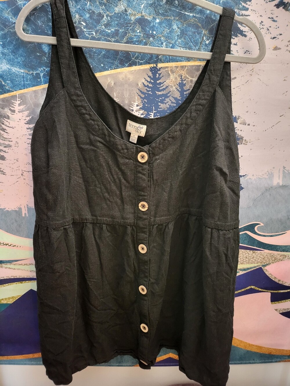 Terra & Sky Linen-Style Black Button Front Tank Top with wooden buttons.